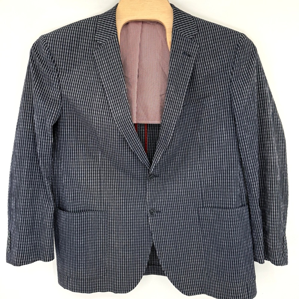 Bullock & Jones Sport Coat Mens 46 Blue Grey Gingham Cotton Panama SPJ Blazer
